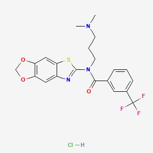 molecular formula C21H21ClF3N3O3S B2841678 N-[3-(dimethylamino)propyl]-N-([1,3]dioxolo[4,5-f][1,3]benzothiazol-6-yl)-3-(trifluoromethyl)benzamide;hydrochloride CAS No. 1216470-83-5