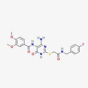 molecular formula C22H22FN5O5S B2841795 N-(4-amino-2-((2-((4-fluorobenzyl)amino)-2-oxoethyl)thio)-6-oxo-1,6-dihydropyrimidin-5-yl)-3,4-dimethoxybenzamide CAS No. 868228-07-3