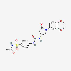 molecular formula C21H22N4O7S B2842374 N-((4-(3-(1-(2,3-dihydrobenzo[b][1,4]dioxin-6-yl)-5-oxopyrrolidin-3-yl)ureido)phenyl)sulfonyl)acetamide CAS No. 894040-06-3