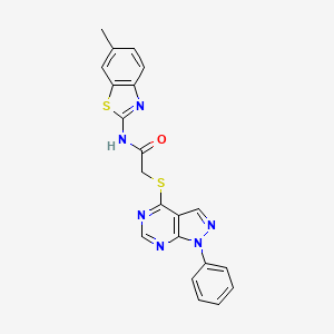 molecular formula C21H16N6OS2 B2842402 N-(6-methyl-1,3-benzothiazol-2-yl)-2-({1-phenyl-1H-pyrazolo[3,4-d]pyrimidin-4-yl}sulfanyl)acetamide CAS No. 893931-74-3