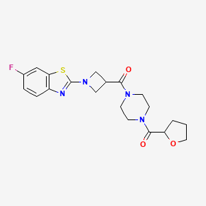 molecular formula C20H23FN4O3S B2842418 6-fluoro-2-{3-[4-(oxolane-2-carbonyl)piperazine-1-carbonyl]azetidin-1-yl}-1,3-benzothiazole CAS No. 1396855-74-5