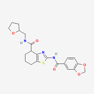 molecular formula C21H23N3O5S B2842441 2-(benzo[d][1,3]dioxole-5-carboxamido)-N-((tetrahydrofuran-2-yl)methyl)-4,5,6,7-tetrahydrobenzo[d]thiazole-4-carboxamide CAS No. 955736-08-0
