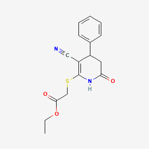 molecular formula C16H16N2O3S B2842471 ethyl 2-[(3-cyano-6-oxo-4-phenyl-1,4,5,6-tetrahydropyridin-2-yl)sulfanyl]acetate CAS No. 332045-84-8