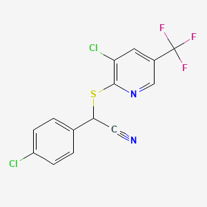 molecular formula C14H7Cl2F3N2S B2842604 2-(4-Chlorophenyl)-2-{[3-chloro-5-(trifluoromethyl)-2-pyridinyl]sulfanyl}acetonitrile CAS No. 477865-22-8