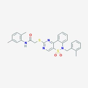 molecular formula C28H26N4O3S2 B2842648 N-(2,5-dimethylphenyl)-2-((6-(2-methylbenzyl)-5,5-dioxido-6H-benzo[c]pyrimido[4,5-e][1,2]thiazin-2-yl)thio)acetamide CAS No. 895100-63-7