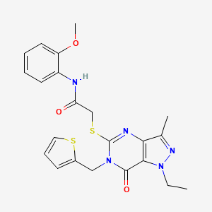 molecular formula C22H23N5O3S2 B2842780 2-({1-ethyl-3-methyl-7-oxo-6-[(thiophen-2-yl)methyl]-1H,6H,7H-pyrazolo[4,3-d]pyrimidin-5-yl}sulfanyl)-N-(2-methoxyphenyl)acetamide CAS No. 1359219-20-7