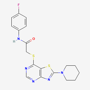 molecular formula C18H18FN5OS2 B2842877 N-(4-fluorophenyl)-2-((2-(piperidin-1-yl)thiazolo[4,5-d]pyrimidin-7-yl)thio)acetamide CAS No. 1215622-17-5