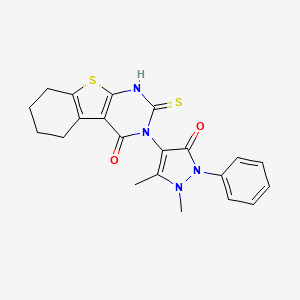 molecular formula C21H20N4O2S2 B2842910 4-(1,5-dimethyl-3-oxo-2-phenyl-2,3-dihydro-1H-pyrazol-4-yl)-5-sulfanyl-8-thia-4,6-diazatricyclo[7.4.0.0^{2,7}]trideca-1(9),2(7),5-trien-3-one CAS No. 380342-22-3