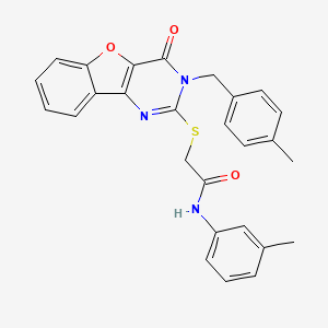 molecular formula C27H23N3O3S B2842918 2-((3-(4-methylbenzyl)-4-oxo-3,4-dihydrobenzofuro[3,2-d]pyrimidin-2-yl)thio)-N-(m-tolyl)acetamide CAS No. 866846-02-8
