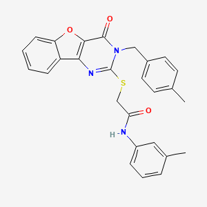 molecular formula C27H23N3O3S B2842918 N-(3-methylphenyl)-2-[[3-[(4-methylphenyl)methyl]-4-oxo-[1]benzofuro[3,2-d]pyrimidin-2-yl]sulfanyl]acetamide CAS No. 866846-02-8