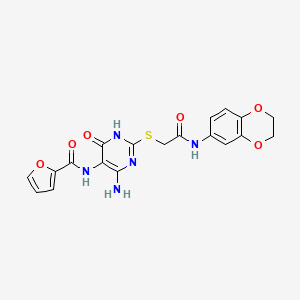 molecular formula C19H17N5O6S B2842937 N-(4-amino-2-((2-((2,3-dihydrobenzo[b][1,4]dioxin-6-yl)amino)-2-oxoethyl)thio)-6-oxo-1,6-dihydropyrimidin-5-yl)furan-2-carboxamide CAS No. 868226-32-8
