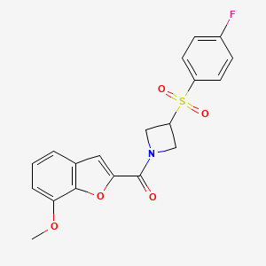 molecular formula C19H16FNO5S B2842946 (3-((4-Fluorophenyl)sulfonyl)azetidin-1-yl)(7-methoxybenzofuran-2-yl)methanone CAS No. 1448064-37-6