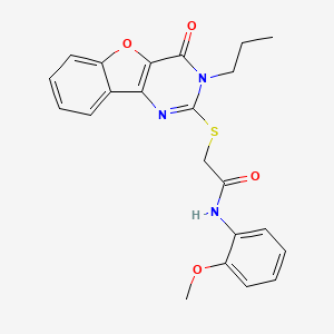 molecular formula C22H21N3O4S B2842993 N-(2-methoxyphenyl)-2-({6-oxo-5-propyl-8-oxa-3,5-diazatricyclo[7.4.0.0^{2,7}]trideca-1(9),2(7),3,10,12-pentaen-4-yl}sulfanyl)acetamide CAS No. 900003-65-8