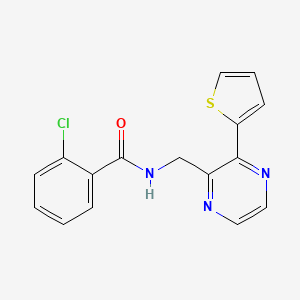 molecular formula C16H12ClN3OS B2843005 2-chloro-N-((3-(thiophen-2-yl)pyrazin-2-yl)methyl)benzamide CAS No. 2034612-91-2