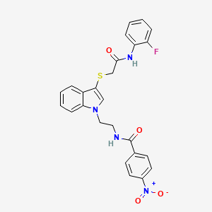 molecular formula C25H21FN4O4S B2843006 N-[2-[3-[2-(2-fluoroanilino)-2-oxoethyl]sulfanylindol-1-yl]ethyl]-4-nitrobenzamide CAS No. 532973-89-0