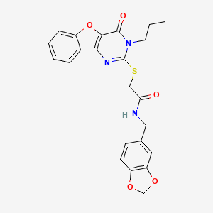 molecular formula C23H21N3O5S B2843016 N-(1,3-benzodioxol-5-ylmethyl)-2-[(4-oxo-3-propyl-3,4-dihydro[1]benzofuro[3,2-d]pyrimidin-2-yl)sulfanyl]acetamide CAS No. 899756-24-2