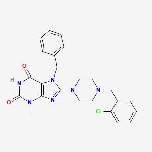 molecular formula C24H25ClN6O2 B2843050 7-benzyl-8-{4-[(2-chlorophenyl)methyl]piperazin-1-yl}-3-methyl-2,3,6,7-tetrahydro-1H-purine-2,6-dione CAS No. 714234-17-0