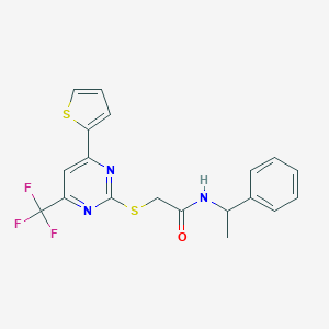 molecular formula C19H16F3N3OS2 B284316 N-(1-phenylethyl)-2-{[4-(thiophen-2-yl)-6-(trifluoromethyl)pyrimidin-2-yl]sulfanyl}acetamide 