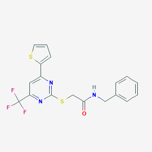 molecular formula C18H14F3N3OS2 B284319 N-benzyl-2-{[4-(thiophen-2-yl)-6-(trifluoromethyl)pyrimidin-2-yl]sulfanyl}acetamide 