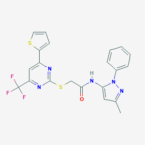 molecular formula C21H16F3N5OS2 B284322 N-(3-methyl-1-phenyl-1H-pyrazol-5-yl)-2-{[4-(thiophen-2-yl)-6-(trifluoromethyl)pyrimidin-2-yl]sulfanyl}acetamide 