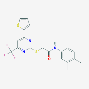 molecular formula C19H16F3N3OS2 B284325 N-(3,4-dimethylphenyl)-2-{[4-(thiophen-2-yl)-6-(trifluoromethyl)pyrimidin-2-yl]sulfanyl}acetamide 