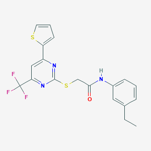 molecular formula C19H16F3N3OS2 B284334 N-(3-ethylphenyl)-2-{[4-(thiophen-2-yl)-6-(trifluoromethyl)pyrimidin-2-yl]sulfanyl}acetamide 