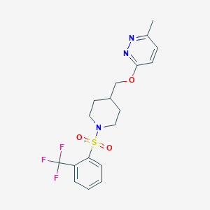 molecular formula C18H20F3N3O3S B2843429 3-Methyl-6-({1-[2-(trifluoromethyl)benzenesulfonyl]piperidin-4-yl}methoxy)pyridazine CAS No. 2379987-18-3
