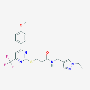 molecular formula C21H22F3N5O2S B284360 N-[(1-ETHYL-1H-PYRAZOL-4-YL)METHYL]-3-{[4-(4-METHOXYPHENYL)-6-(TRIFLUOROMETHYL)PYRIMIDIN-2-YL]SULFANYL}PROPANAMIDE 