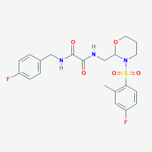 molecular formula C21H23F2N3O5S B2843655 N-{[3-(4-fluoro-2-methylbenzenesulfonyl)-1,3-oxazinan-2-yl]methyl}-N'-[(4-fluorophenyl)methyl]ethanediamide CAS No. 872987-12-7