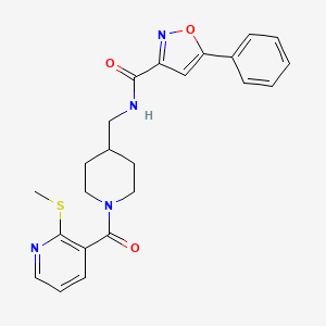 molecular formula C23H24N4O3S B2843671 N-((1-(2-(methylthio)nicotinoyl)piperidin-4-yl)methyl)-5-phenylisoxazole-3-carboxamide CAS No. 1234932-05-8