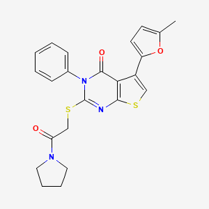 molecular formula C23H21N3O3S2 B2843752 5-(5-methylfuran-2-yl)-2-((2-oxo-2-(pyrrolidin-1-yl)ethyl)thio)-3-phenylthieno[2,3-d]pyrimidin-4(3H)-one CAS No. 380455-01-6