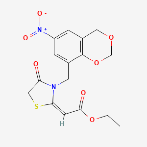 B2843784 Ethyl 2-{3-[(6-nitro-2,4-dihydro-1,3-benzodioxin-8-YL)methyl]-4-oxo-1,3-thiazolidin-2-ylidene}acetate CAS No. 848299-03-6