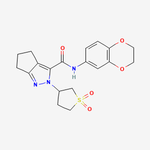 molecular formula C19H21N3O5S B2843981 N-(2,3-dihydrobenzo[b][1,4]dioxin-6-yl)-2-(1,1-dioxidotetrahydrothiophen-3-yl)-2,4,5,6-tetrahydrocyclopenta[c]pyrazole-3-carboxamide CAS No. 1040666-08-7