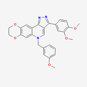 molecular formula C28H25N3O5 B2843989 14-(3,4-dimethoxyphenyl)-17-[(3-methoxyphenyl)methyl]-4,7-dioxa-12,13,17-triazatetracyclo[8.7.0.0^{3,8}.0^{11,15}]heptadeca-1,3(8),9,11,13,15-hexaene CAS No. 866809-82-7
