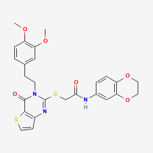 molecular formula C26H25N3O6S2 B2844072 N-(2,3-dihydro-1,4-benzodioxin-6-yl)-2-({3-[2-(3,4-dimethoxyphenyl)ethyl]-4-oxo-3H,4H-thieno[3,2-d]pyrimidin-2-yl}sulfanyl)acetamide CAS No. 894242-88-7