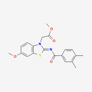 molecular formula C20H20N2O4S B2844175 methyl 2-[(2Z)-2-[(3,4-dimethylbenzoyl)imino]-6-methoxy-2,3-dihydro-1,3-benzothiazol-3-yl]acetate CAS No. 865199-90-2