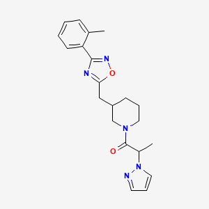 molecular formula C21H25N5O2 B2844237 2-(1H-pyrazol-1-yl)-1-(3-((3-(o-tolyl)-1,2,4-oxadiazol-5-yl)methyl)piperidin-1-yl)propan-1-one CAS No. 1705469-13-1