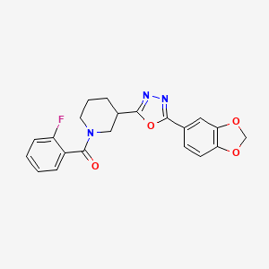 molecular formula C21H18FN3O4 B2844395 (3-(5-(Benzo[d][1,3]dioxol-5-yl)-1,3,4-oxadiazol-2-yl)piperidin-1-yl)(2-fluorophenyl)methanone CAS No. 1170239-61-8