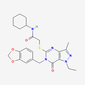 2-((6-(benzo[d][1,3]dioxol-5-ylmethyl)-1-ethyl-3-methyl-7-oxo-6,7-dihydro-1H-pyrazolo[4,3-d]pyrimidin-5-yl)thio)-N-cyclohexylacetamide
