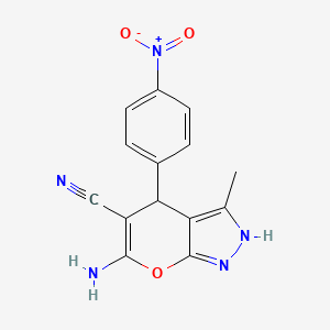 molecular formula C14H11N5O3 B2844413 6-Amino-3-methyl-4-(4-nitrophenyl)-1,4-dihydropyrano[2,3-c]pyrazole-5-carbonitrile CAS No. 89607-34-1