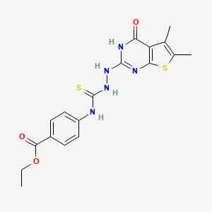 molecular formula C18H19N5O3S2 B2844424 Ethyl 4-({[2-(4-hydroxy-5,6-dimethylthieno[2,3-d]pyrimidin-2-yl)hydrazinyl]carbonothioyl}amino)benzoate CAS No. 578700-26-2