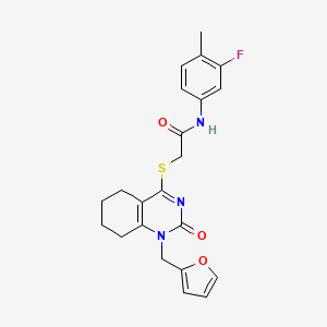 molecular formula C22H22FN3O3S B2844428 N-(3-氟-4-甲基苯基)-2-((1-(呋喃-2-基甲基)-2-氧代-1,2,5,6,7,8-六氢喹唑啉-4-基)硫)乙酰胺 CAS No. 899954-69-9