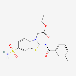 molecular formula C19H19N3O5S2 B2844435 Ethyl 2-[2-(3-methylbenzoyl)imino-6-sulfamoyl-1,3-benzothiazol-3-yl]acetate CAS No. 865247-48-9