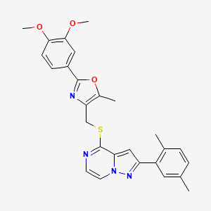molecular formula C27H26N4O3S B2844493 2-(3,4-DIMETHOXYPHENYL)-4-({[2-(2,5-DIMETHYLPHENYL)PYRAZOLO[1,5-A]PYRAZIN-4-YL]SULFANYL}METHYL)-5-METHYL-1,3-OXAZOLE CAS No. 1207013-87-3