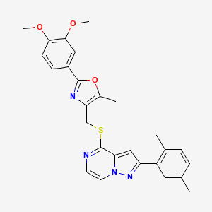 molecular formula C27H26N4O3S B2844493 4-({[2-(3,4-Dimethoxyphenyl)-5-methyl-1,3-oxazol-4-yl]methyl}thio)-2-(2,5-dimethylphenyl)pyrazolo[1,5-a]pyrazine CAS No. 1207013-87-3