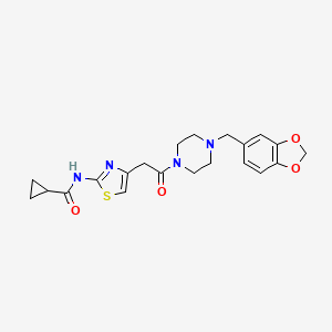 molecular formula C21H24N4O4S B2844502 N-(4-(2-(4-(benzo[d][1,3]dioxol-5-ylmethyl)piperazin-1-yl)-2-oxoethyl)thiazol-2-yl)cyclopropanecarboxamide CAS No. 921876-97-3