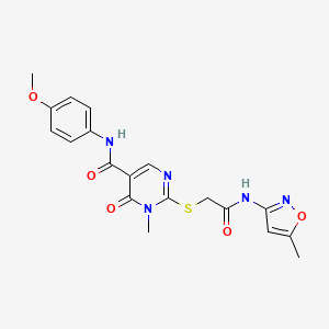 molecular formula C19H19N5O5S B2844508 N-(4-methoxyphenyl)-1-methyl-2-((2-((5-methylisoxazol-3-yl)amino)-2-oxoethyl)thio)-6-oxo-1,6-dihydropyrimidine-5-carboxamide CAS No. 894046-07-2