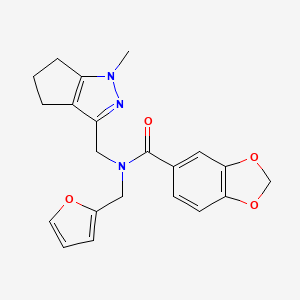 molecular formula C21H21N3O4 B2844760 N-(furan-2-ylmethyl)-N-((1-methyl-1,4,5,6-tetrahydrocyclopenta[c]pyrazol-3-yl)methyl)benzo[d][1,3]dioxole-5-carboxamide CAS No. 1798674-13-1