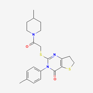 molecular formula C21H25N3O2S2 B2844768 3-(4-Methylphenyl)-2-[2-(4-methylpiperidin-1-yl)-2-oxoethyl]sulfanyl-6,7-dihydrothieno[3,2-d]pyrimidin-4-one CAS No. 686771-21-1