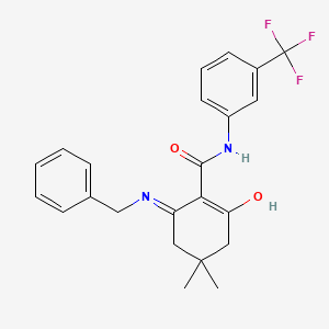 molecular formula C23H23F3N2O2 B2844827 (4,4-dimethyl-2-oxo-6-(benzylamino)cyclohex-1-enyl)-N-(3-(trifluoromethyl)phenyl)formamide CAS No. 312324-33-7